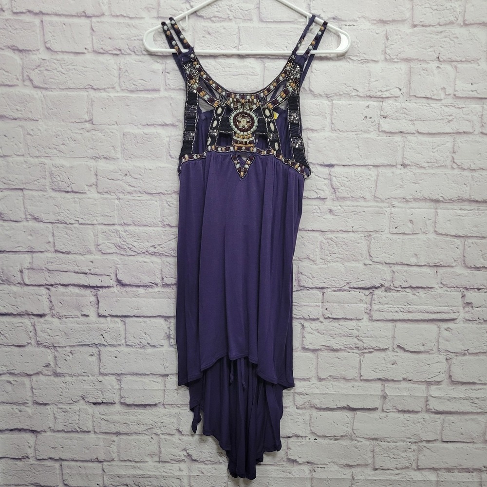 Free People Vision Quest Purple Strappy Tunic‎ Sz XS Beaded Hippie Boho Festival